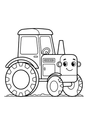 Smiling tractor made of geometric shapes with a rectangular cab, two windows, a steering wheel, an exhaust pipe and round wheels with triangle treads – coloring page to print