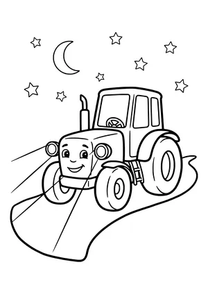 Smiling tractor with a cab on a curving road, light beams from its headlights, with a crescent moon and stars above – coloring page to print