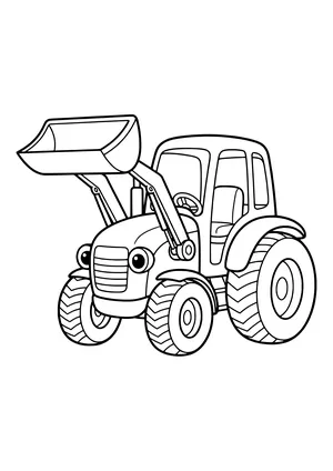Smiling tractor with a cab and treaded tires lifting a big front loader bucket on two arms – coloring page to print