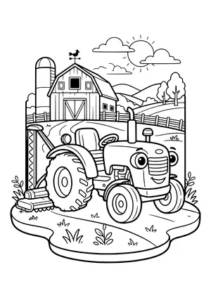 Smiling tractor with a side sickle bar mower folded upright in front of a barn with a rooster weathervane, a silo, a wooden fence and hills under the sun – coloring page to print