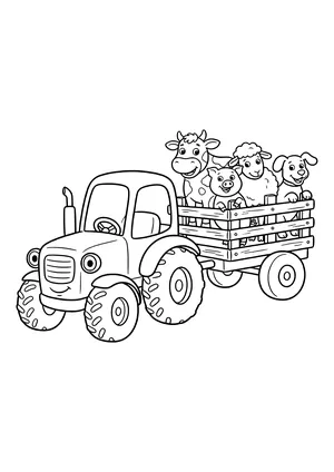 Smiling tractor pulling a wooden trailer with a cow, a pig, a sheep and a dog riding inside – coloring page to print