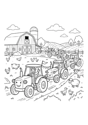 Five smiling tractors with flags drive in a line down a dirt road, a farmer waving from the first one, with a barn, silo, chickens, a pig, a cow, a sheep and ducks – coloring page to print