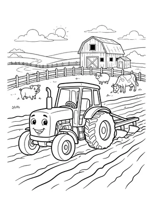 Smiling tractor pulling a plow through furrows with a pig, sheep and cow grazing behind a fence and barn – coloring page to print