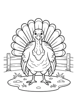 Front-facing turkey with a fanned tail, snood and wattle in front of a wooden fence with grass and pebbles – coloring page to print