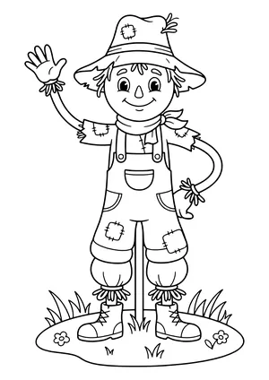 Smiling scarecrow with a hat, bandana, patched overalls, straw at the hands and legs and boots waving on a patch of grass with little flowers – coloring page to print