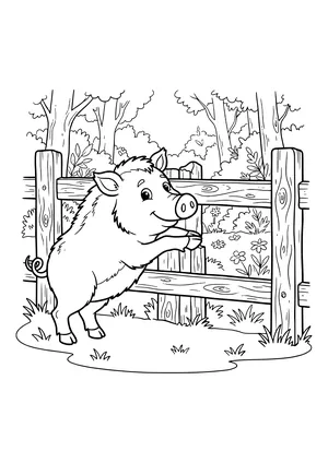 Bristly wild boar leaning on a wooden fence with knotty posts, with forest trees, bushes and flowers in the background – coloring page to print