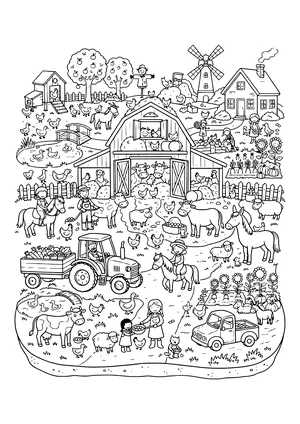 Wimmelbild mit Scheune und Kühen, Bauernhaus, Windmühle, Vogelscheuche, Hühnerstall, Ententeich mit Brücke, Traktor mit Gemüseanhänger, Kindern auf Ponys, Pferden, Schafen, Kuh, Pick-up, Sonnenblumen und vielen Hühnern – Ausmalbild zum Ausdrucken