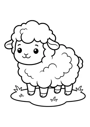 Chubby sheep with big eyes, floppy ears and curly wool standing on a patch of grass – coloring page to print