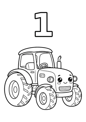 Large numeral 1 above one smiling tractor with a cab, steering wheel, seat and big treaded tires – coloring page to print
