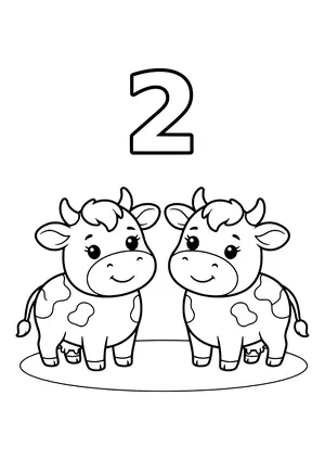 Large numeral 2 above two cute spotted cows looking at each other on an oval patch of ground – coloring page to print