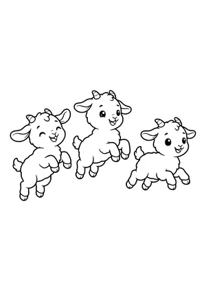 Three laughing baby goats with tiny horns and floppy ears leaping through the air side by side – coloring page to print