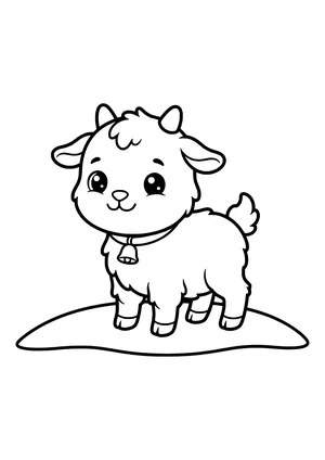 Kawaii baby goat with small horns, floppy ears, fluffy fur and a bell on its collar standing on a hill – coloring page to print