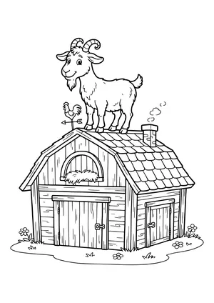 Billy goat with curled horns and a beard standing on the shingled roof of a wooden barn with a weather vane, chimney and two wooden doors – coloring page to print