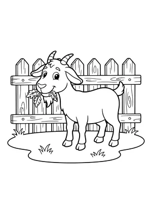 Smiling goat with horns and a beard chewing a leafy twig in front of a wooden picket fence with grass tufts – coloring page to print