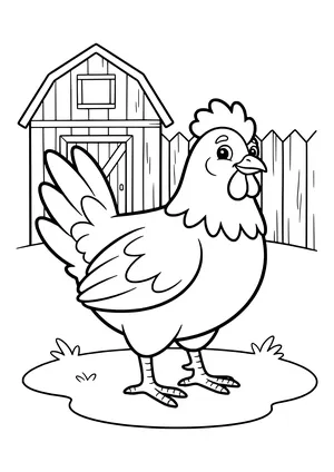 Smiling bantam chicken with a comb and fanned tail in front of a wooden barn and picket fence – coloring page to print
