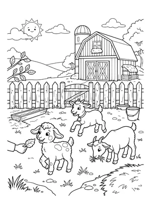 Three small pygmy goats in a pen with a wooden fence, feeding trough, bucket and a barn with a silo while a hand offers a leaf – coloring page to print