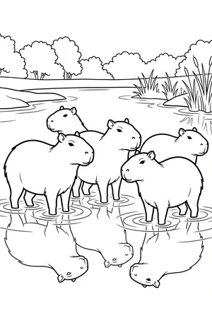Capybara-Gruppe Sonnenuntergang Ausmalbild