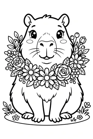 Capybara im Blumenkranz Ausmalbild