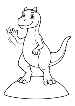 Friendly Allosaurus with two small horns above its eyes standing on a hill and waving – printable coloring page