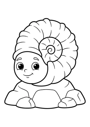 Large ammonite with a wide spiral shell and a friendly face on a rock – printable coloring page