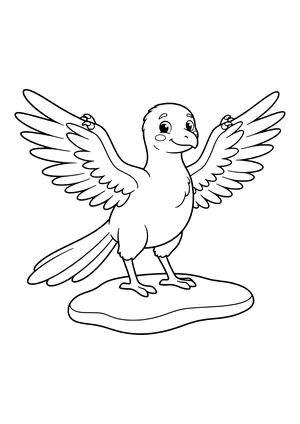 Archaeopteryx with large feathers standing on a rock and spreading its wings – printable coloring page
