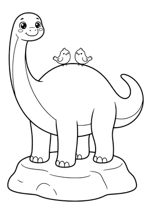 Huge Argentinosaurus with a friendly face and two small birds sitting on its back – printable coloring page