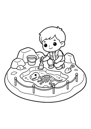 Small fossil dig site with a rope fence, shovel, bucket, and a half-uncovered skeleton – printable coloring page