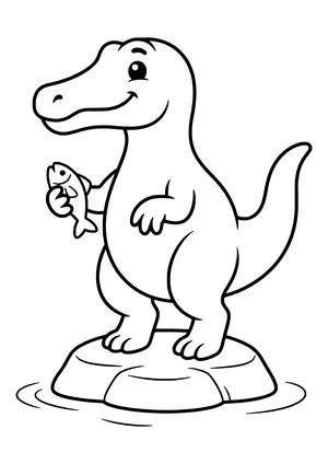 Baryonyx with a long snout standing on stones in the water, happily holding a fish it caught – printable coloring page
