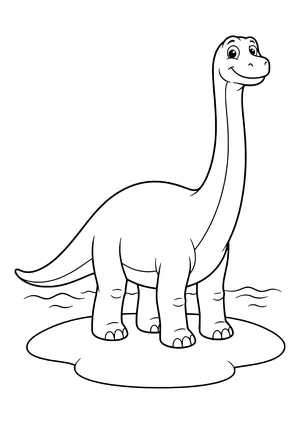 Brontosaurus standing with its legs in a lake with simple waves, neck stretched up high – printable coloring page