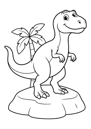 Big, friendly Carcharodontosaurus with a long head smiling next to a palm tree – printable coloring page