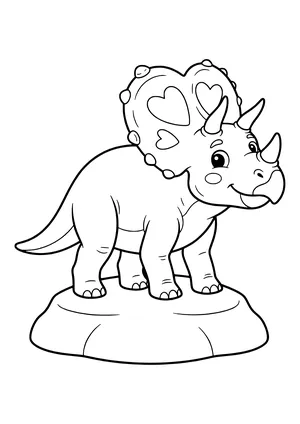 Smiling Chasmosaurus with a very large heart-shaped neck frill and two brow horns and a nose horn – printable coloring page