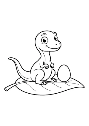 Tiny Compsognathus sitting on a large leaf next to an egg for size comparison – printable coloring page
