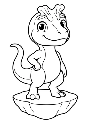 Cryolophosaurus with a wavy forehead crest like a quiff posing with one hand on its hip – printable coloring page