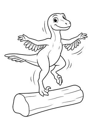 Cheerful Deinonychus with feathered arms and tail balancing on a thick log with arms spread wide – printable coloring page