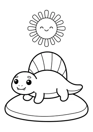 A Dimetrodon with a large back sail lies comfortably on a warm rock in the sun – printable coloring page