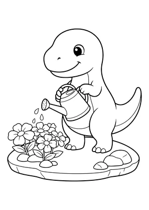 Dinosaur watering big flowers with a watering can – printable coloring page