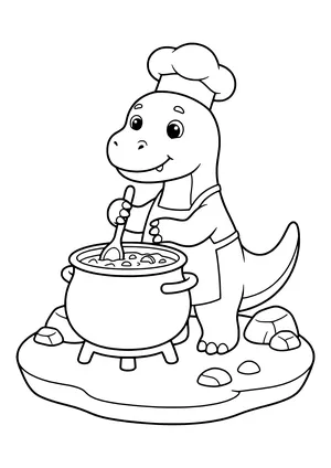 Dinosaur wearing a chef’s hat and apron stirring a big pot – printable coloring page