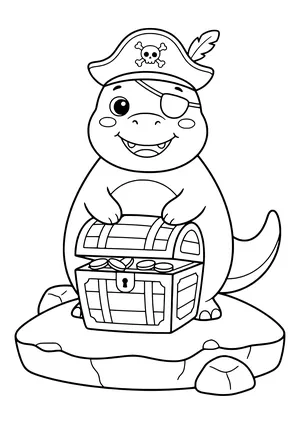 Dinosaur in a pirate hat and eye patch leaning on a treasure chest – printable coloring page