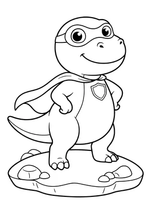 Dinosaur with a cape and mask standing in a hero pose on a rock slab – printable coloring page
