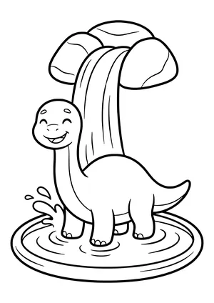 A dinosaur stands under a small waterfall made of a few wide ribbons and takes a shower – printable coloring page