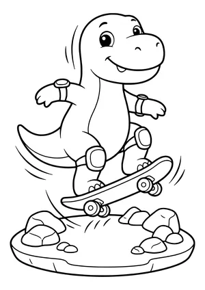 Dinosaur riding a skateboard and doing a small jump – printable coloring page