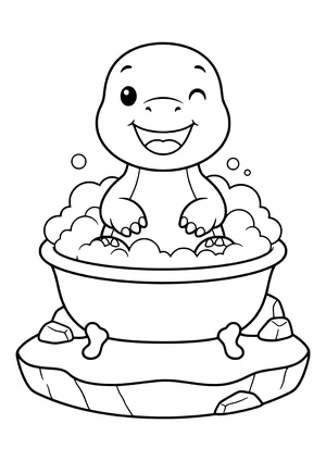 Laughing baby dinosaur sitting in a small tub with big bubble clouds – printable coloring page