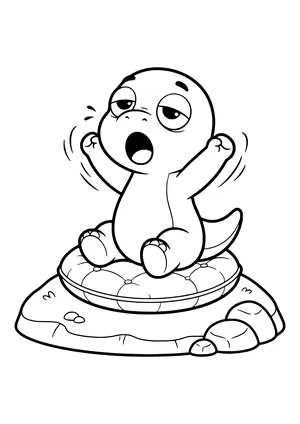 Sleepy baby dinosaur yawning with a wide-open round toothless mouth and stretching – printable coloring page