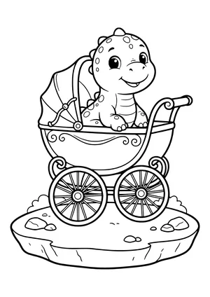 Baby dinosaur sitting happily in an old-fashioned baby carriage – printable coloring page