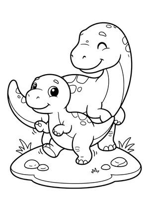 Wobbly baby dinosaur taking its first steps while its mom watches – printable coloring page