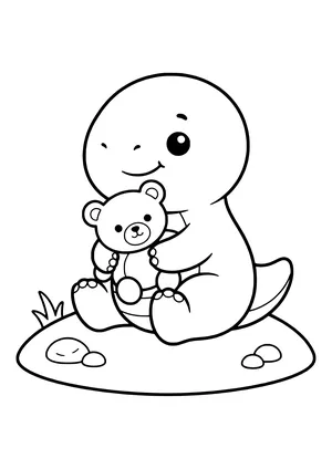 Baby dinosaur hugging a small teddy bear – printable coloring page