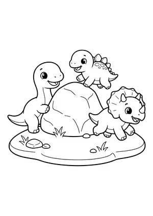Three baby dinosaurs playing tag around a rock – printable coloring page