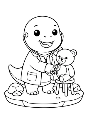 Dinosaur wearing a doctor’s coat and stethoscope examining a teddy bear – printable coloring page