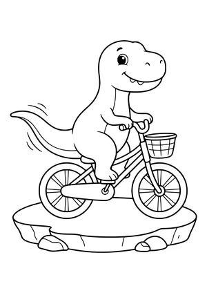 Dinosaur happily riding a bike with its tail flapping behind – printable coloring page