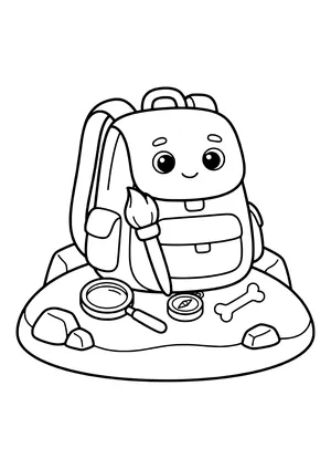 Smiling explorer backpack with a brush, with a magnifying glass, compass, and small bone in front – printable coloring page